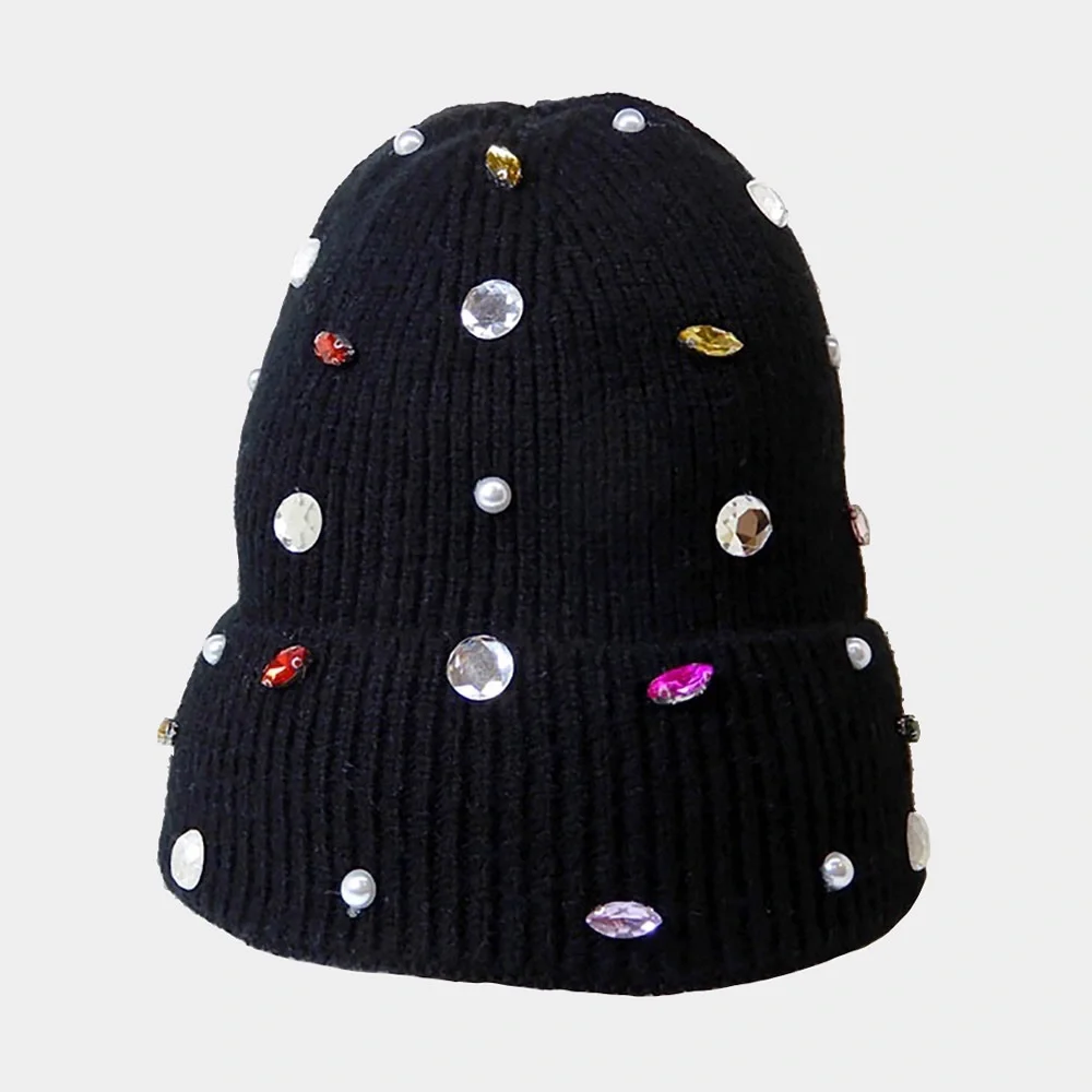 Rhinestone & Pearl Jewel Embellished Fleece Lining Knit Beanie Hat